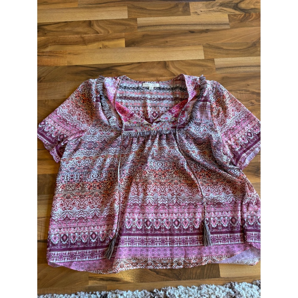 Farmers Market‎ Blouse Womens 2X Coral Excellent Boho Fringe Tassel Paisley Top